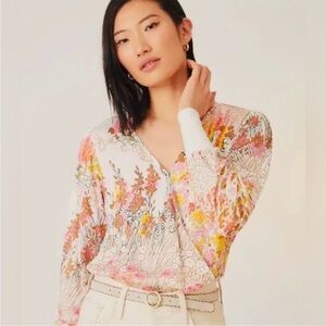 Anthropologie Floral V-Neck Blouse - Pink and Yellow